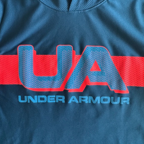 Under Armour HeatGear Hooded Tee Blue Logo Short Sleeve Kids YXL - Picture 5 of 8